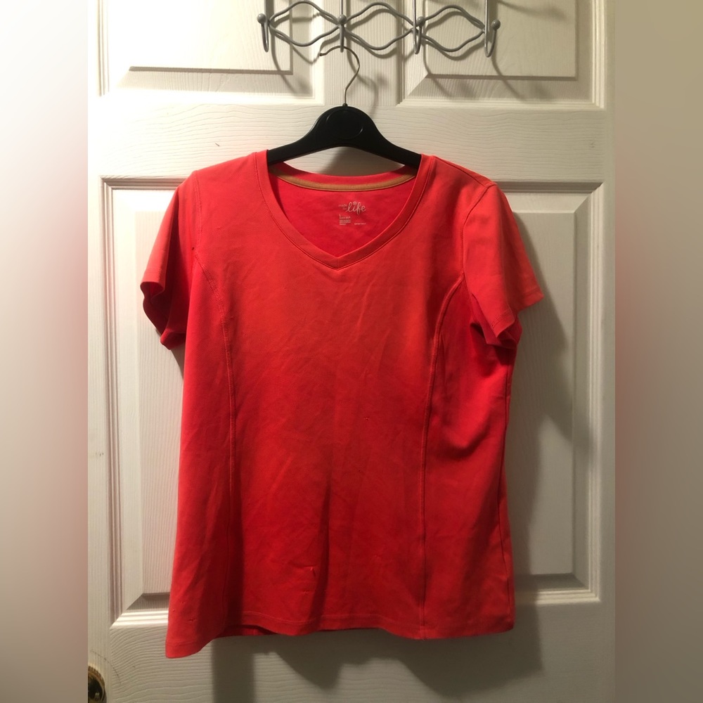 Womens athletic tee shirt, Made for Life brand, size L, hot pink/neon orange.
